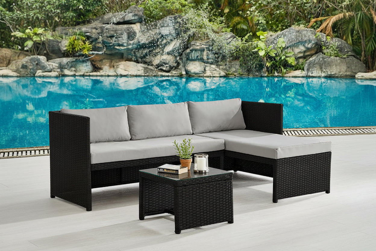 Sala Exterior Esquinera Mueble Jardín Ratan Sofa Negro/Gris