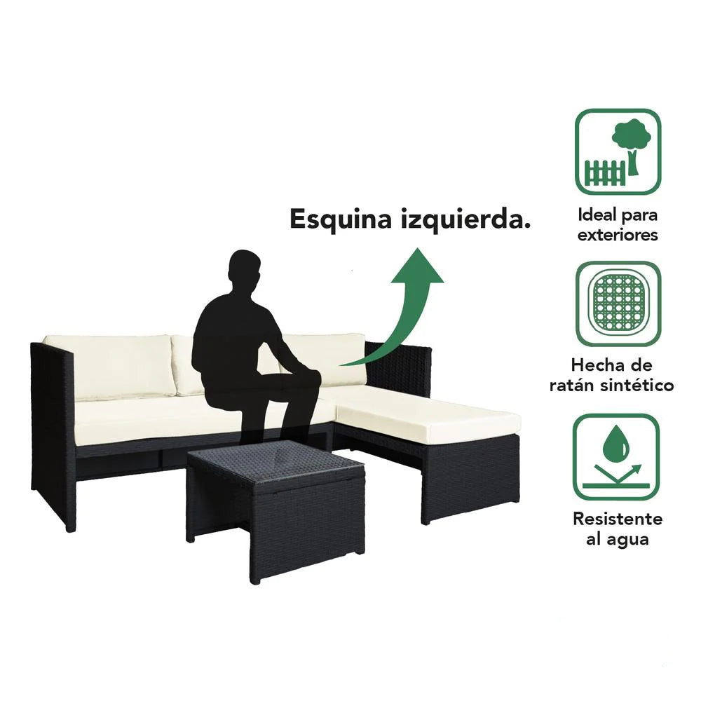 Sala Exterior Esquinera Mueble Jardín Ratan Sofa Negro/Blanco