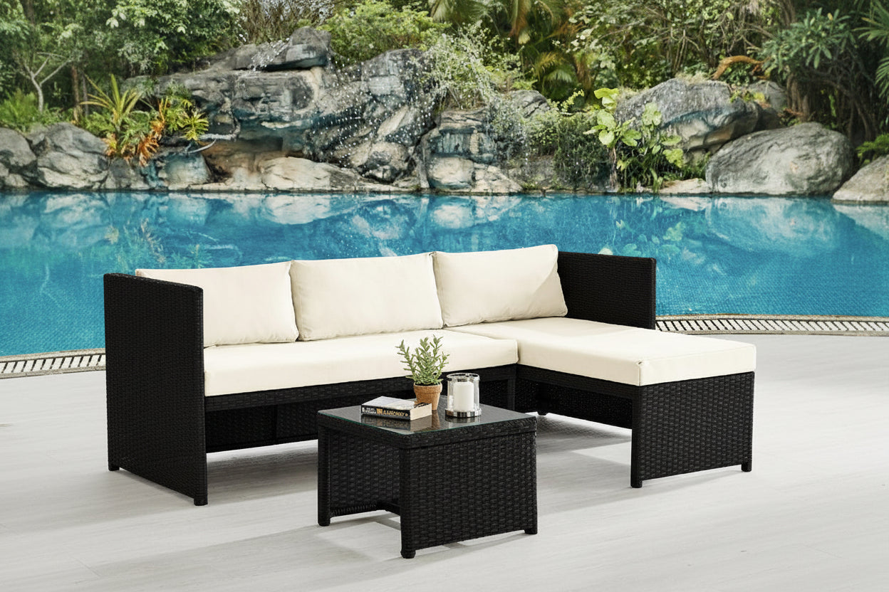 Sala Exterior Esquinera Mueble Jardín Ratan Sofa Negro/Blanco