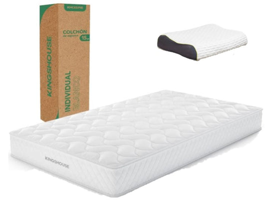 Set Colchon Individual alta densidad hipoalergénico antiacaros KingsHouse + Almohada Ortopédica Cervical Super Visco Blanca