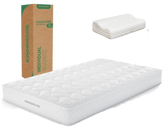 Set Colchon Individual alta densidad hipoalergénico antiacaros KingsHouse + Almohada Ortopédica Cervical Memory Blanca