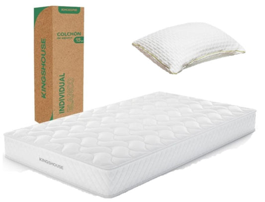 Set Colchon Individual alta densidad hipoalergénico antiacaros KingsHouse + Almohada Ortopédica Cervical Super Visco Blanca