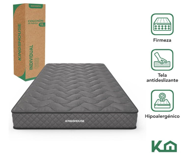 Colchon Individual De Alta Densidad, Antiacaros e Hipoalergenico Gris Kingshouse