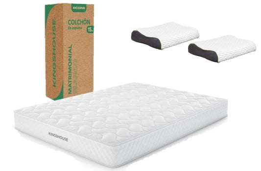 Combo Colchon Matrimonial Hipoalergenico Antiacaros KingsHouse + Almohada Ortopédica Cervical Super Visco Blanca