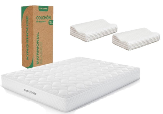 Set Colchon Matrimonial Alta Densidad Hipoalergenico Antiacaros KingsHouse + Almohada Ortopédica Cervical Memory Blanca