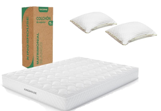 Set Colchon Matrimonial Alta Densidad Hipoalergenico Antiacaros KingsHouse + Almohada Ortopédica Cervical Super Visco Blanca
