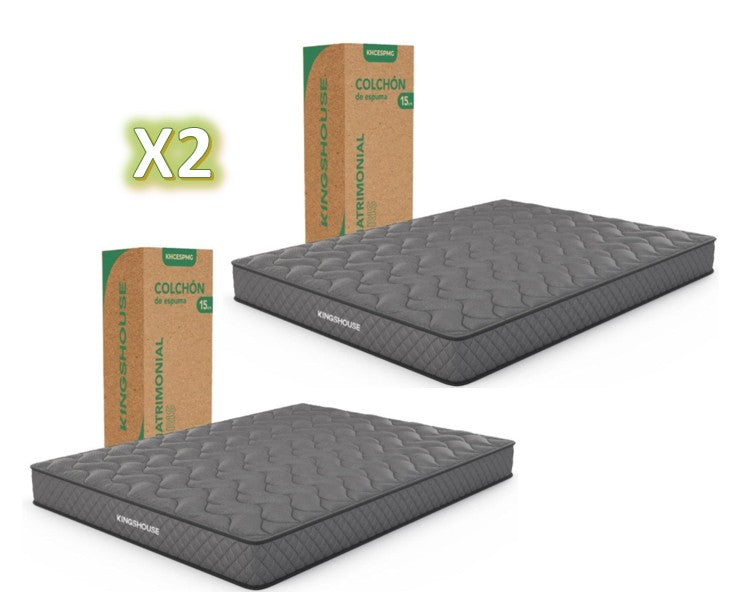 Combo de 2 Colchones Matrimoniales  Kingshouse De Alta Densidad, Antiacaros e Hipoalergenico Gris