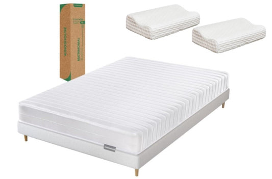 Set Colchon Matrimonial Blanco De Alta Densidad, Antiacaros e Hipoalergenico Kingshouse + Almohada Ortopédica Cervical Memory Blanca
