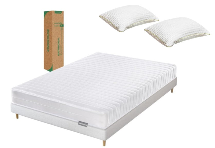 Set Colchon Matrimonial Blanco De Alta Densidad, Antiacaros e Hipoalergenico Kingshouse + Almohada Ortopédica Cervical Super Visco Blanca
