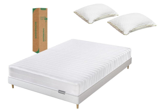 Set Colchon Matrimonial Blanco De Alta Densidad, Antiacaros e Hipoalergenico Kingshouse + Almohada Ortopédica Cervical Super Visco Blanca