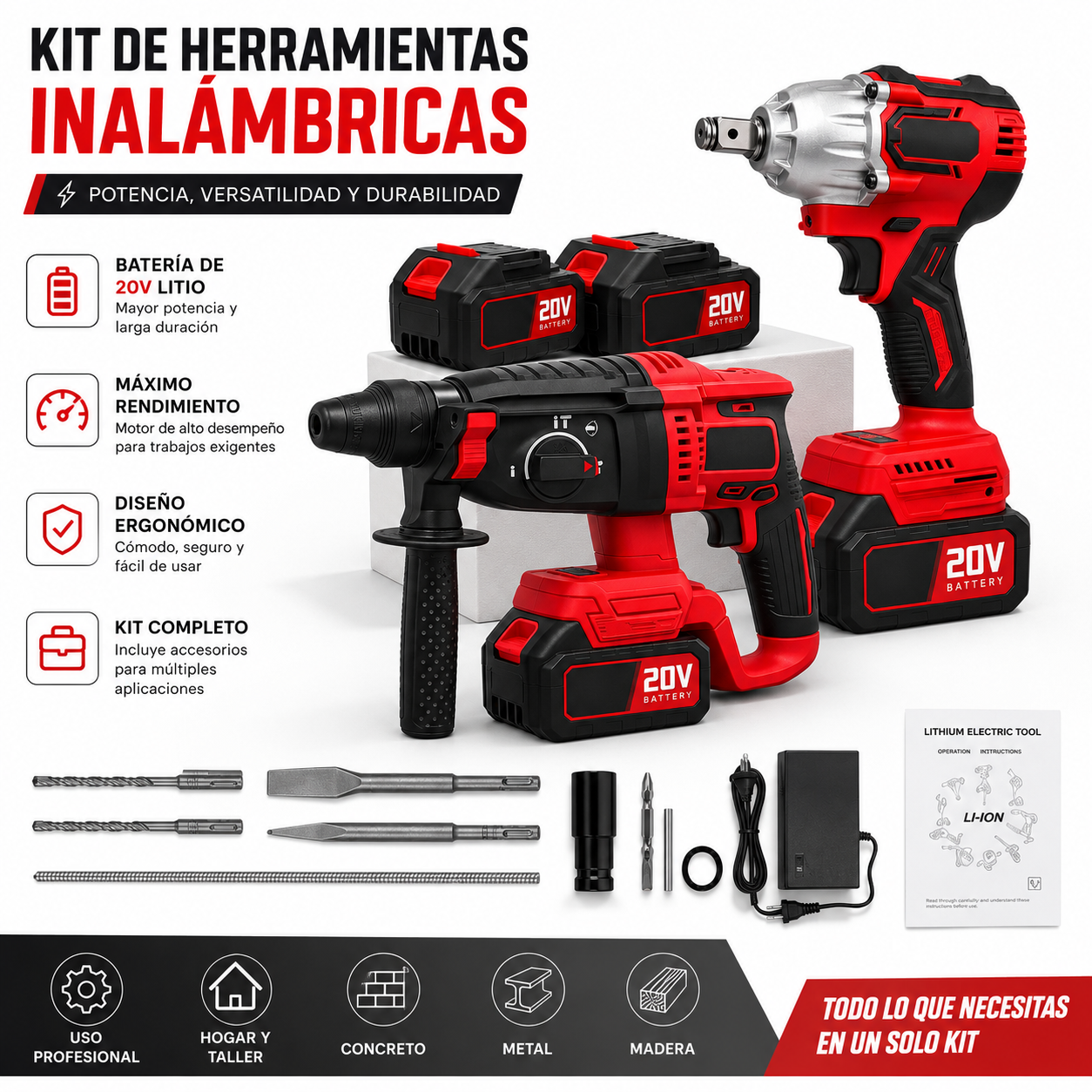 Combo Llave De Impacto Y Taladro Rotomartillo Inalámbrico 20v
