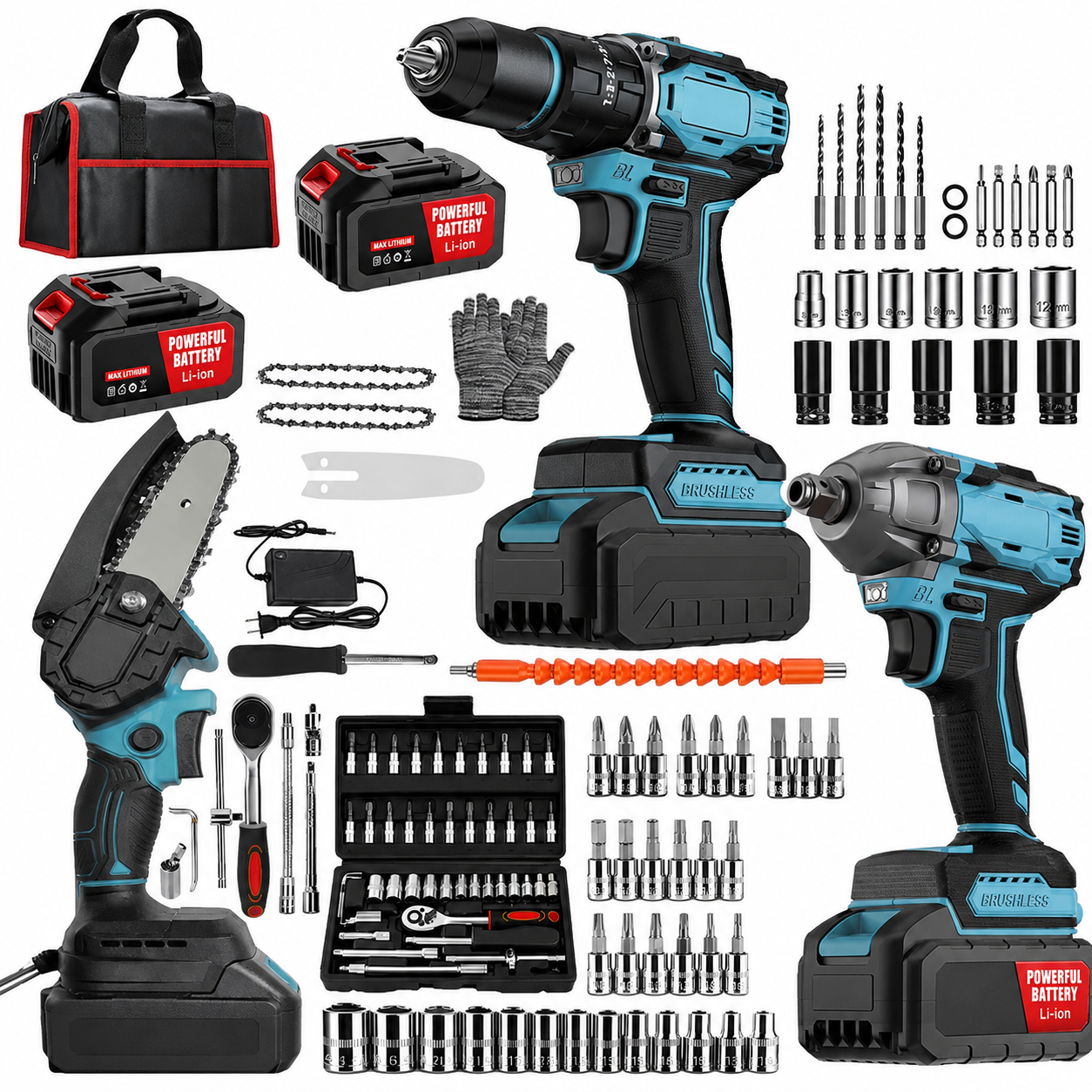 Combo Herramientas Inalámbricas: Taladro + Llave Impacto + Motosierra + Kit Accesorios