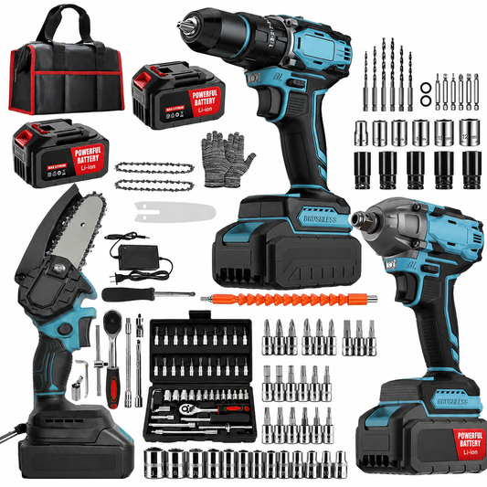 Combo Herramientas Inalámbricas: Taladro + Llave Impacto + Motosierra + Kit Accesorios