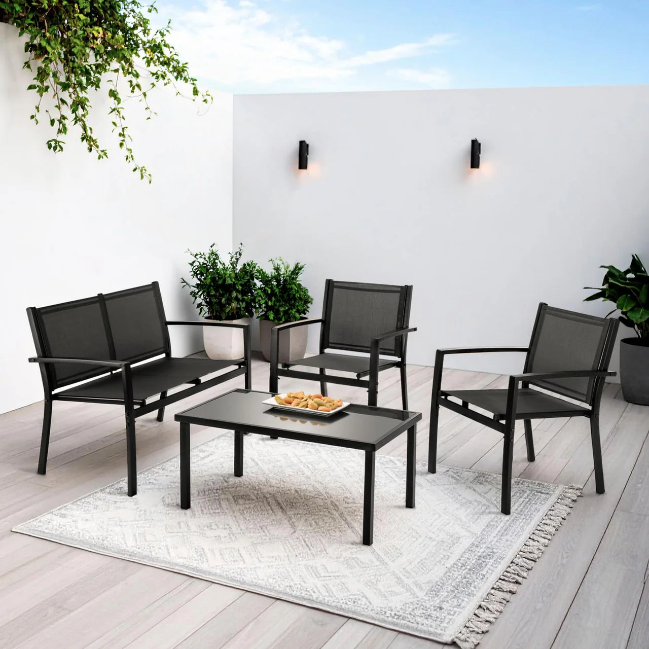 Sala Exterior 4 Piezas Color Negro con Mesa de Vidrio y Textileno