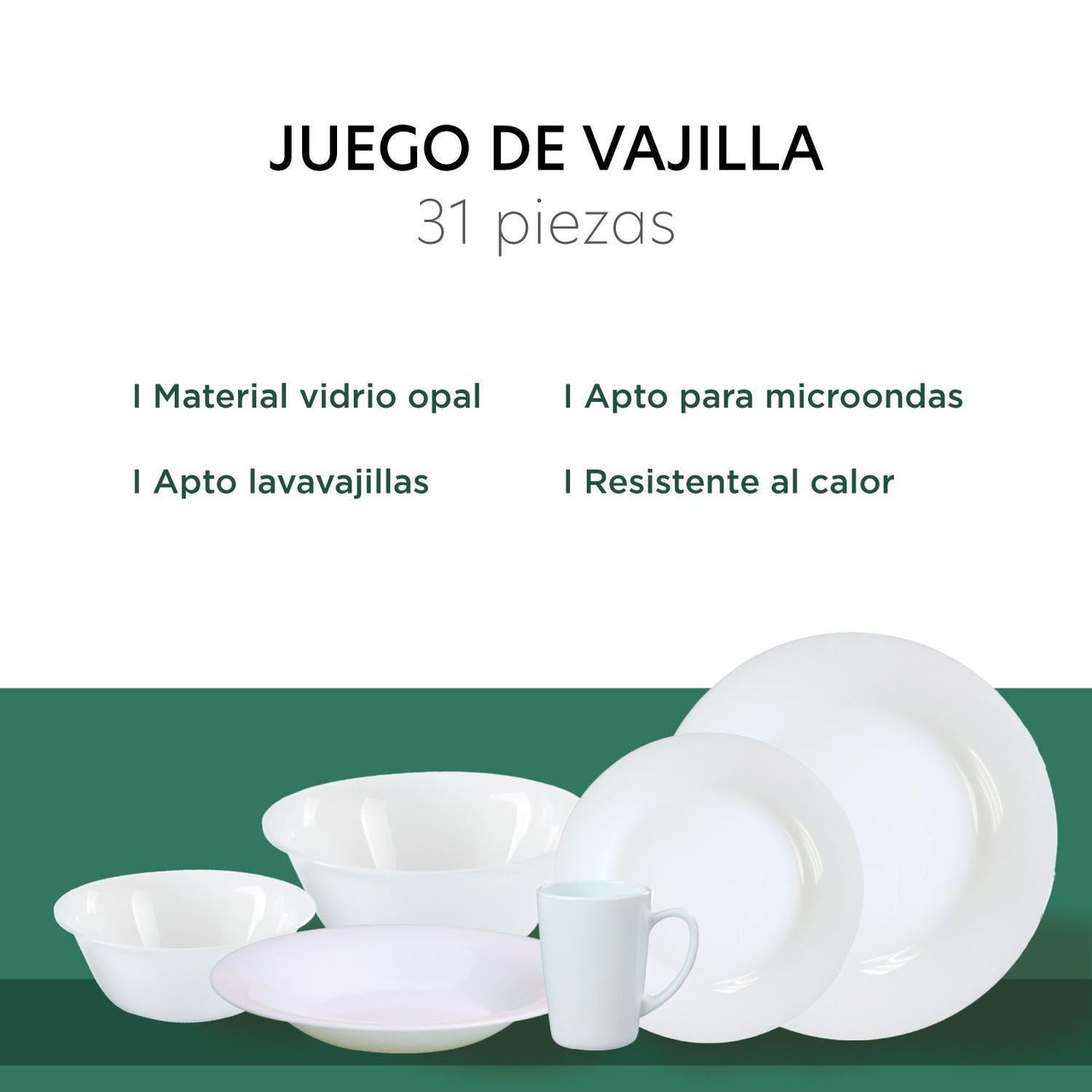 Vajilla 31 Piezas de Opal Cuadrada para 6 Personas