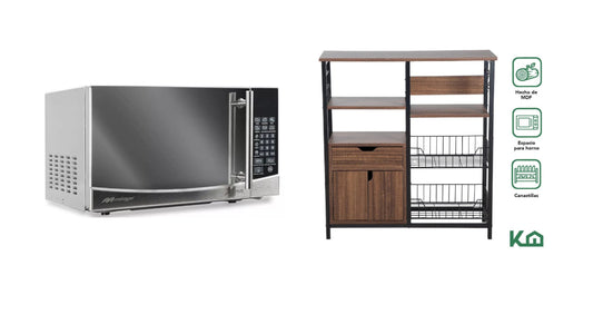 Combo Cocina: Microondas XWAVE Tipo Espejo MIRAGE + Mueble Multiusos Negro con Cajón y Repisas