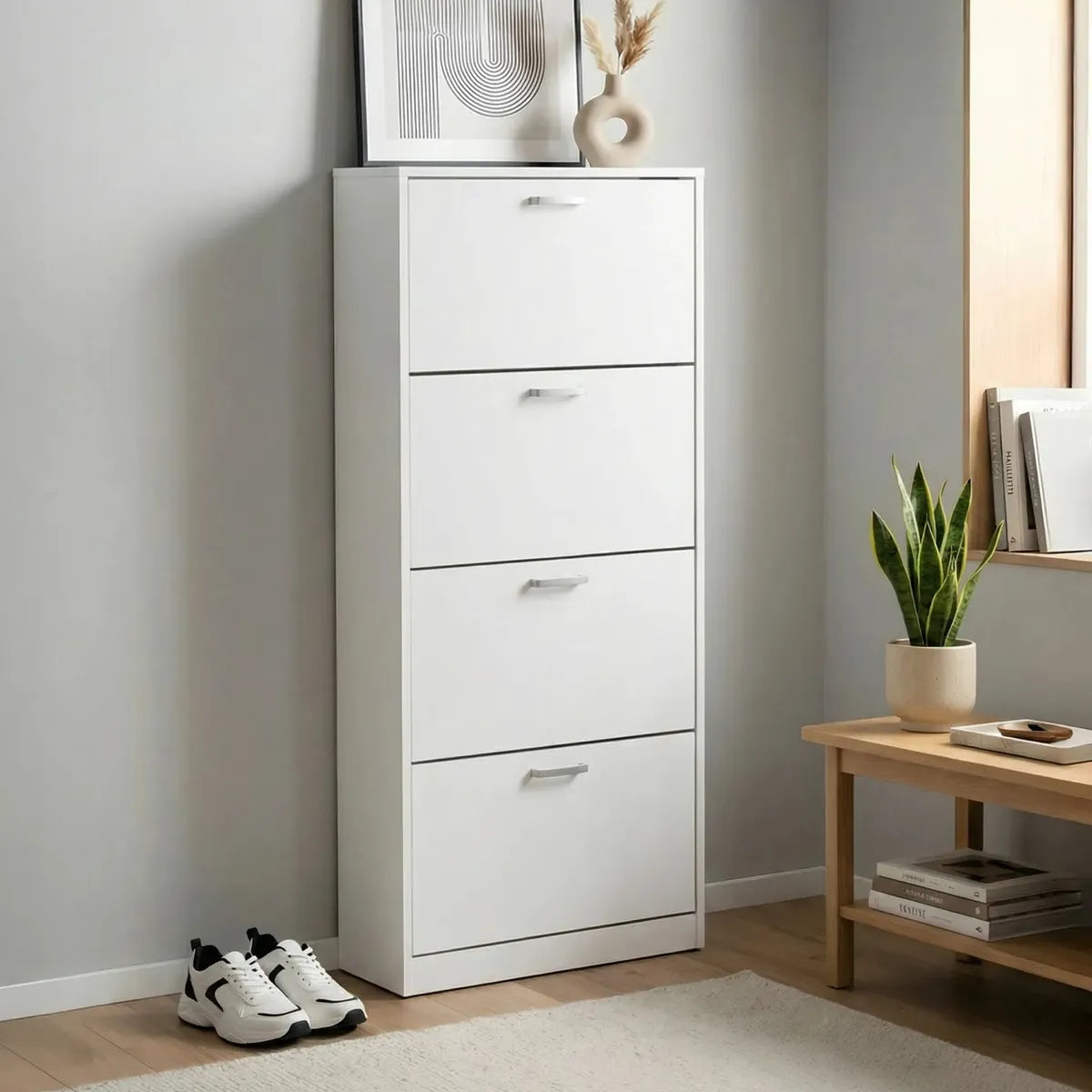 Zapatero Organizador para 20 a 24 Pares | 4 Compartimentos | Blanco con Madera