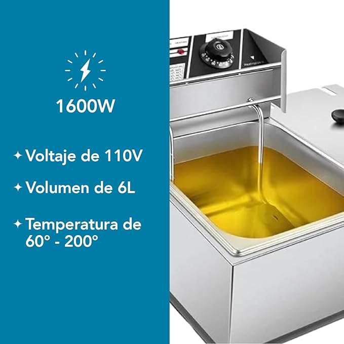 Freidora eléctrica de aceite acero inoxidable 6L 110v 1600W