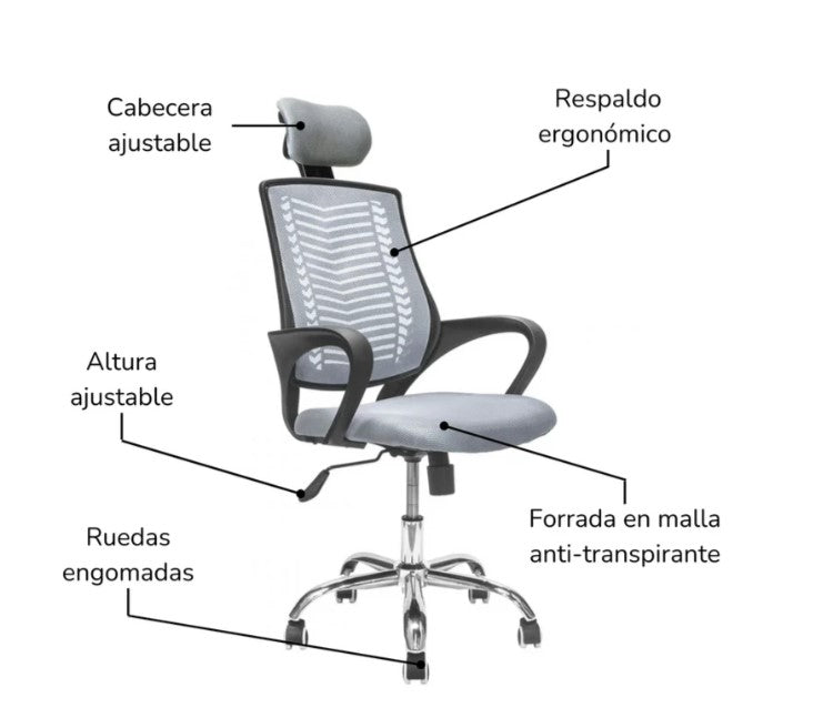 Silla de Oficina con Cabecera Ajustable Gris