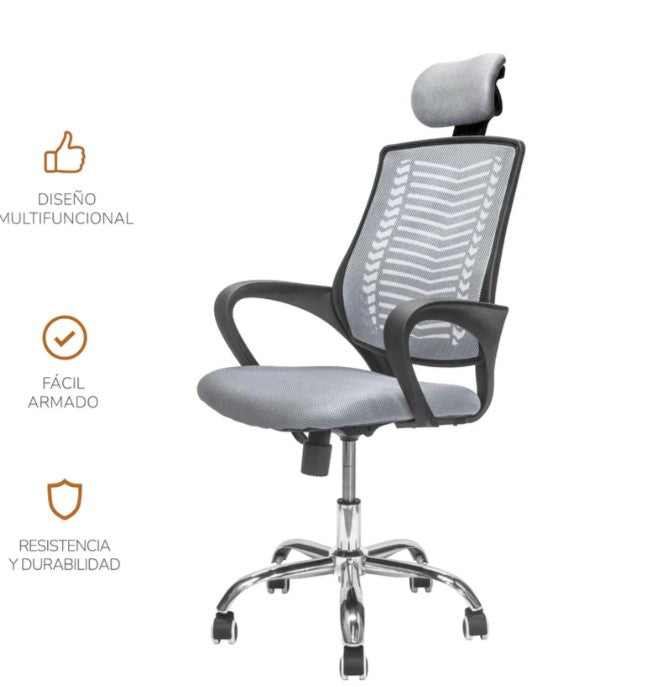 Silla de Oficina con Cabecera Ajustable Gris