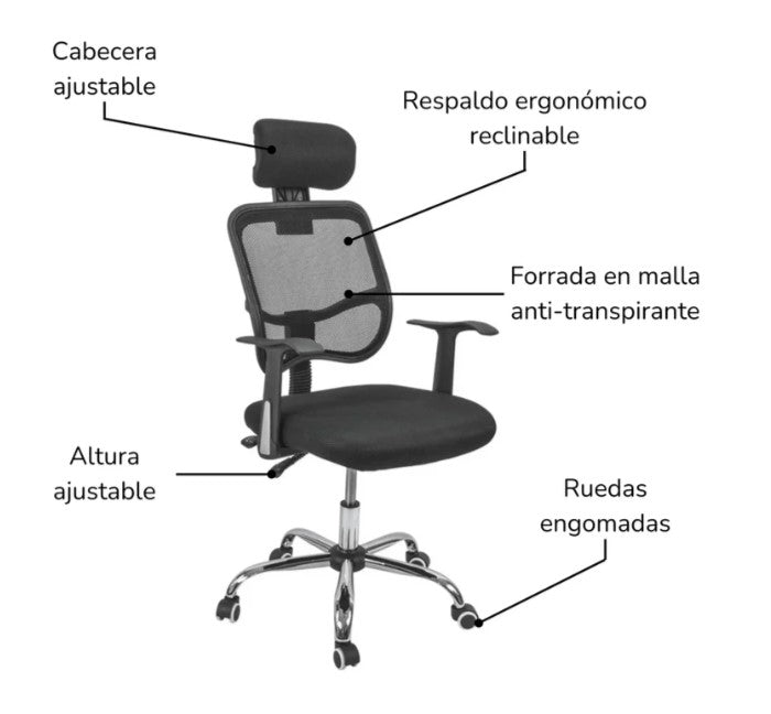 Silla de Oficina Ergonómica con Apoyacabeza Negra