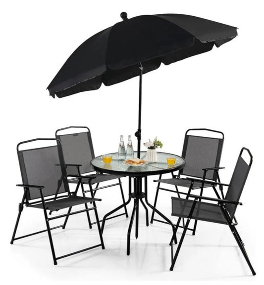 Set de Jardín OLIVA con 4 Sillas Plegables, Mesa Redonda de Cristal y Sombrilla