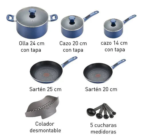 Batería de Cocina T-Fal Excite ProGlide de Aluminio Antiadherente, 14 Piezas, Azul