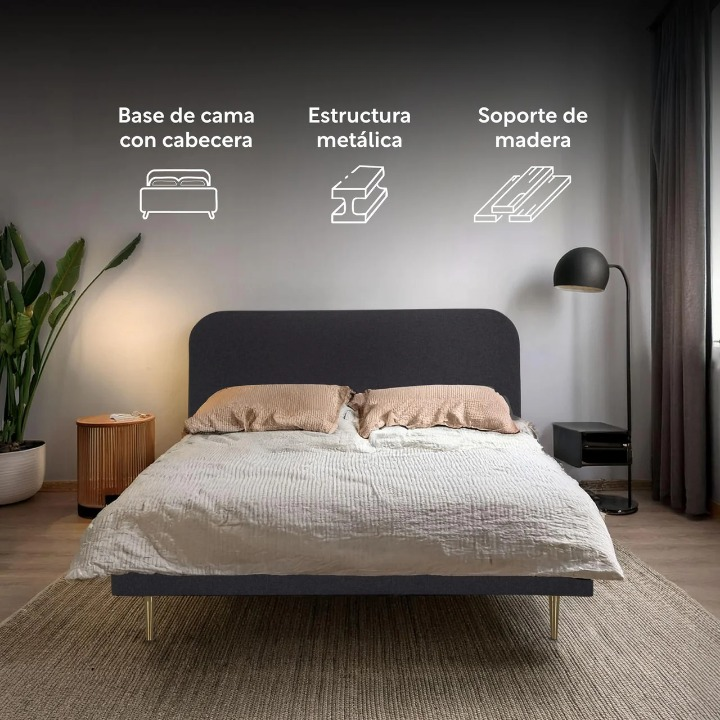 Base De Cama Para Colchon Matrimonial Con Cabecera Tapizada Box Metal Madera