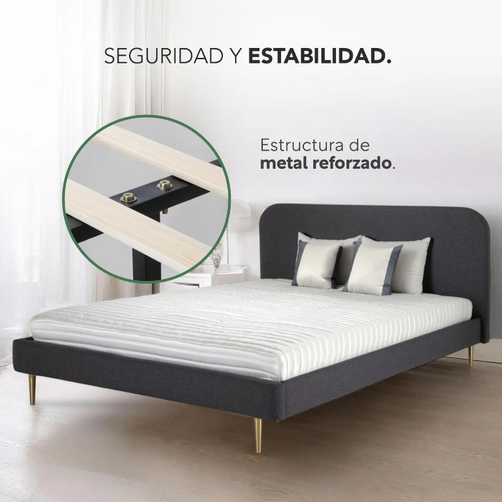 Base De Cama Para Colchon Matrimonial Con Cabecera Tapizada Box Metal Madera