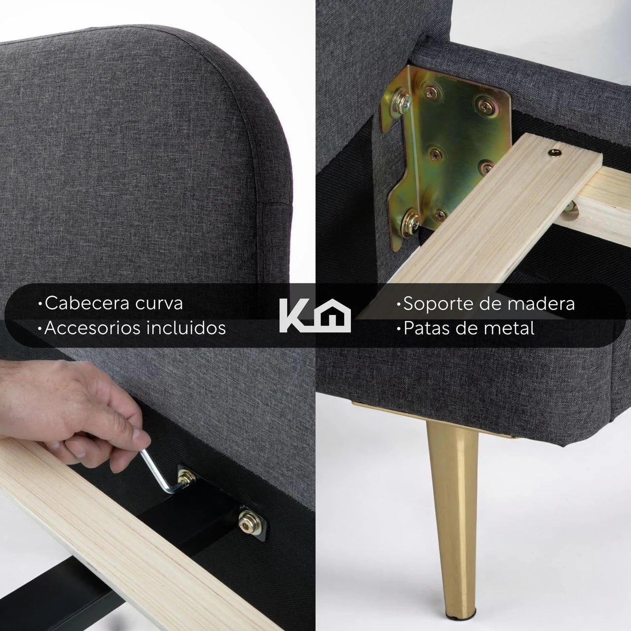 Base De Cama Para Colchon Matrimonial Con Cabecera Tapizada Box Metal Madera