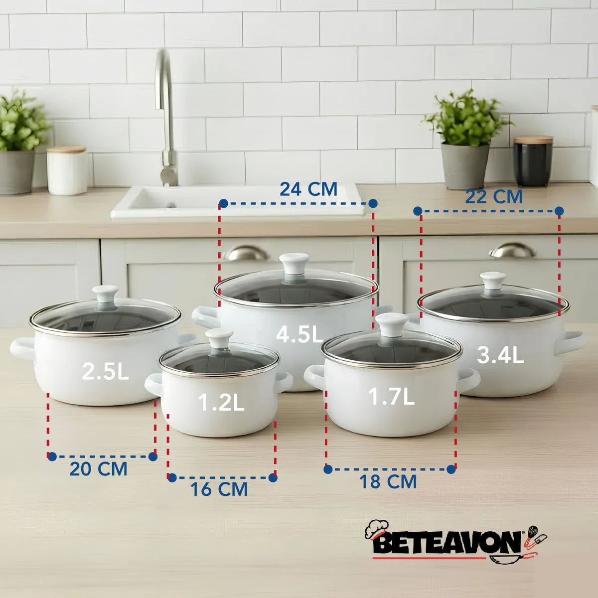 Set De 5 Ollas De Peltre Color Blanco