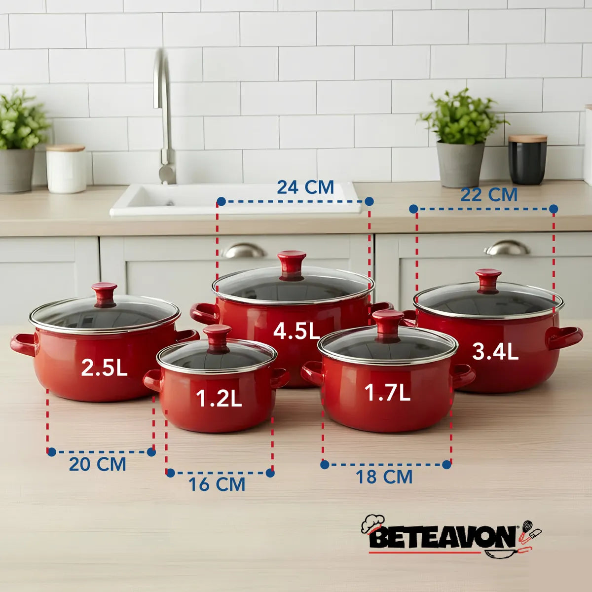 Set De 5 Ollas De Peltre Color Rojo