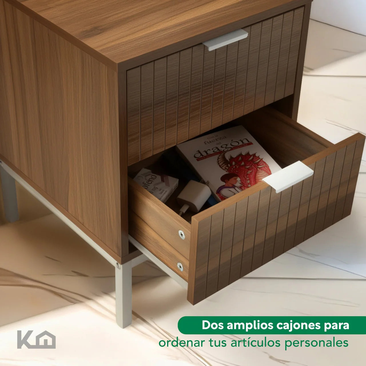 Buró Mesa de Noche Clara Cajonera para Recámara 2 Cajones