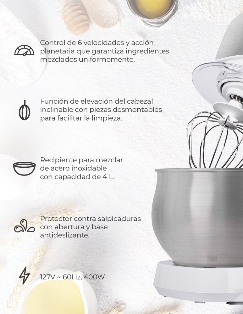 Batidora de pedestal Daewoo, 400W, 6 Velocidades, 4 Litros