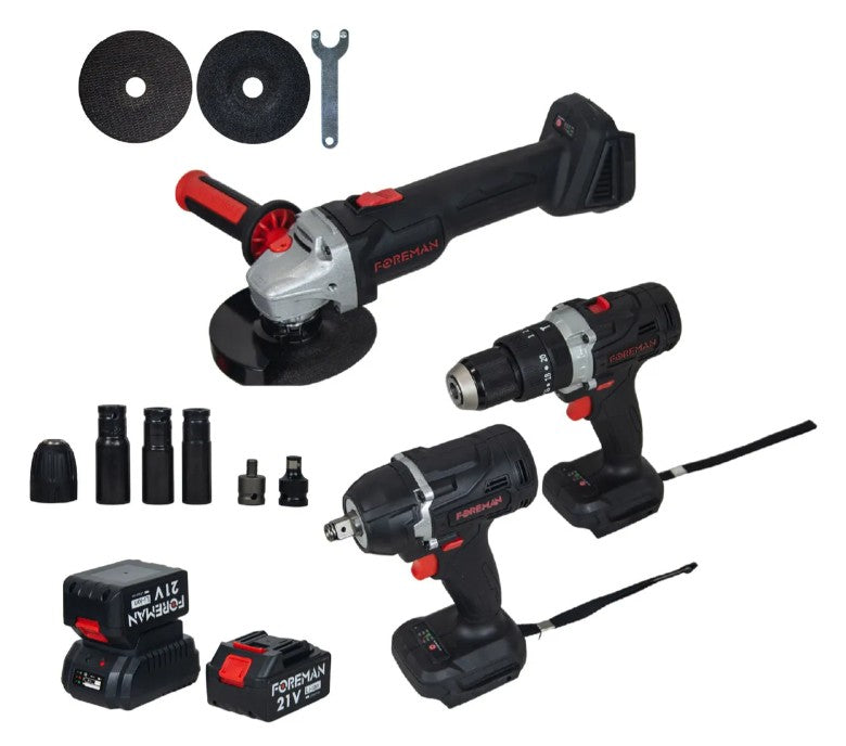 Combo Taladro 500W, Esmeriladora 880W y Rotomartillo SDS 800W + Accesorios