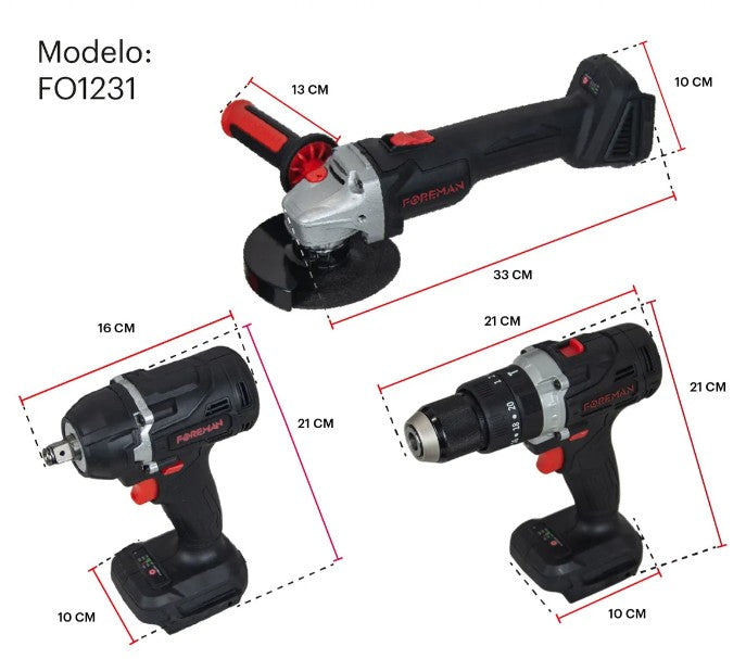 Combo Taladro 500W, Esmeriladora 880W y Rotomartillo SDS 800W + Accesorios