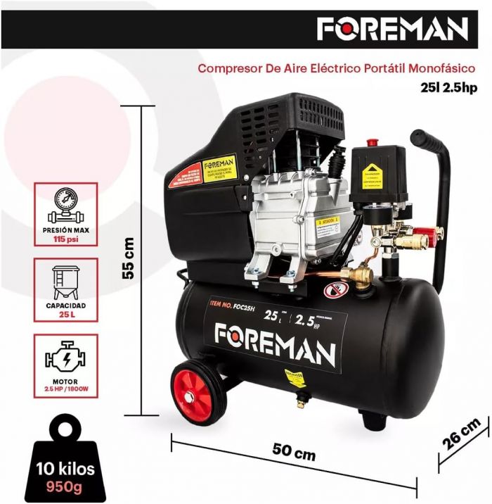 Compresor De Aire 25L 2.5 Hp 110V 60Hz Con Pistola Y Manguera