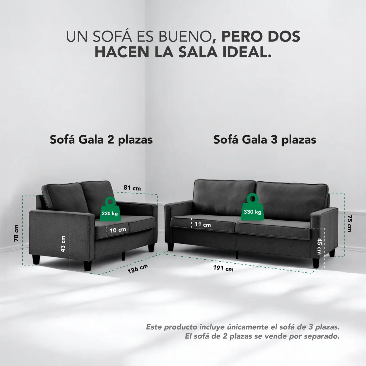 Sofá Sillón Loveseat 3 Plazas Sala Moderna Madera con Cojines