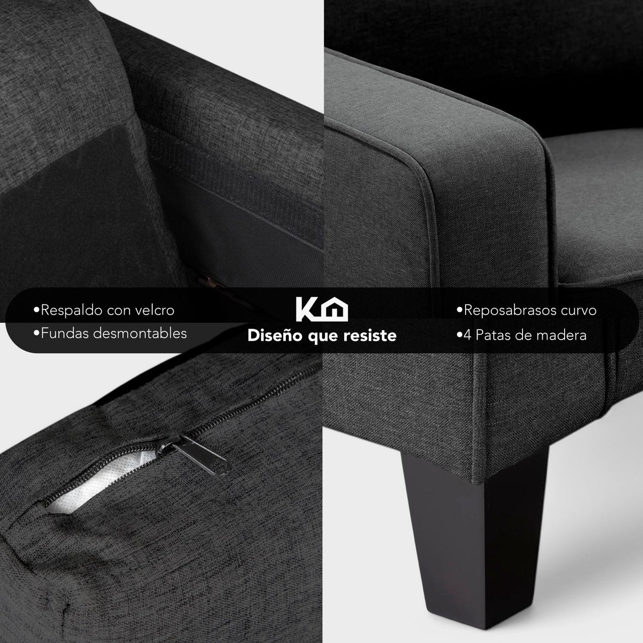 Sofá Sillón Loveseat 3 Plazas Sala Moderna Madera con Cojines