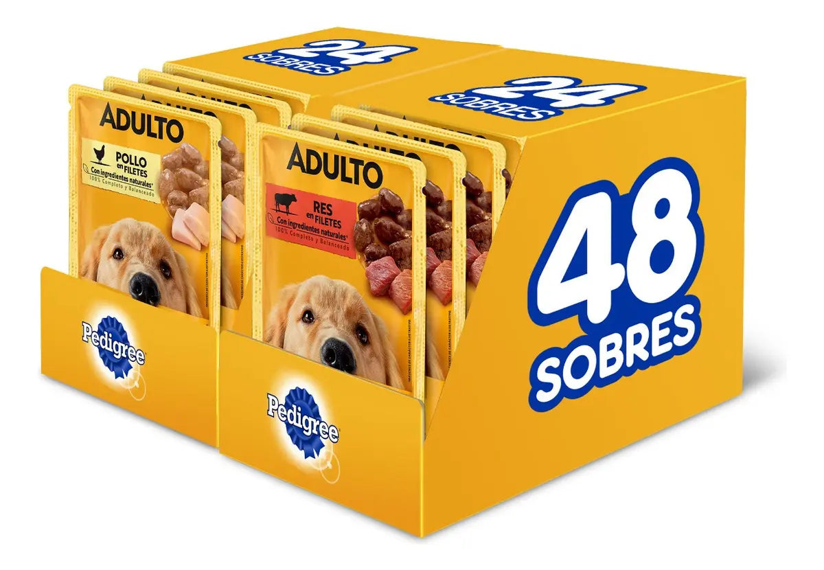 Pedigree Sobres para Perro Adulto, 24 Sabor Res y 24 Sabor Pollo