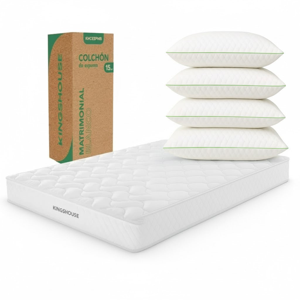 Set de Descanso Matrimonial KingsHouse: Colchón Alta Densidad antiácaros + 4 Almohadas Ortopédicas Súper Visco