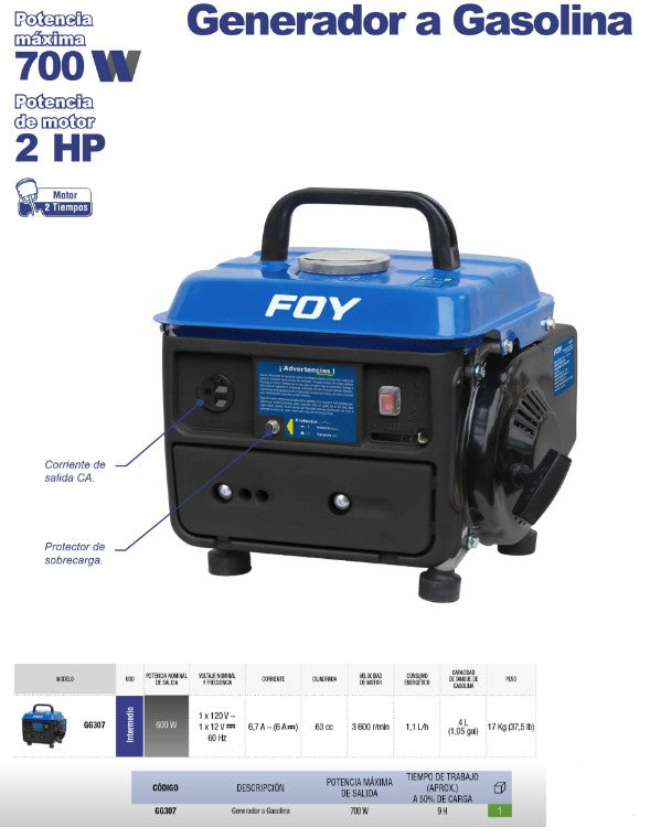Generador de Gasolina 600W 120V Portátil Tanque 4L para Hogar y Taller