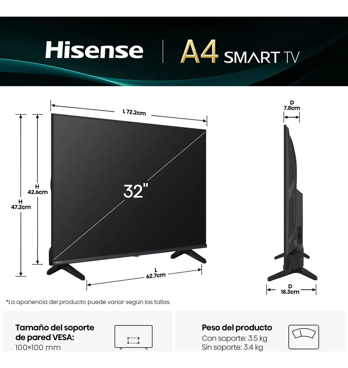 Televisión Smart TV Hisense 32” HD LED 60Hz con WiFi y Sonido DTS